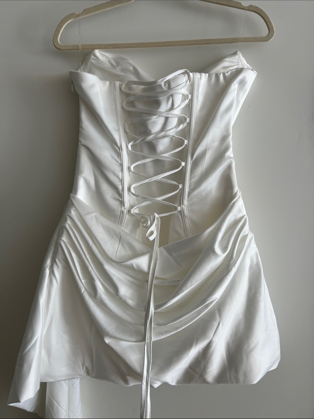 White Strapless Draped Mini Dress with Side Tail - Picture 3 of 10